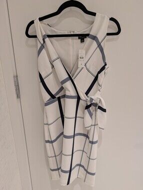 Ann Taylor White Midi Wrap Dress with Navy & Light Gray Windowpane